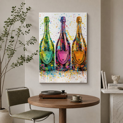 Pop Art Champagne Bottles Artwork, Bar Room Pictures, Framed Canvas Giclee Print Wall Art