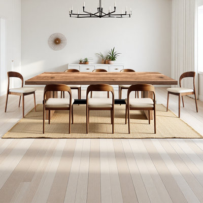 Industrial-style solid wood rectangular dining table set, paired with eight cotton and linen upholstered dining chairs