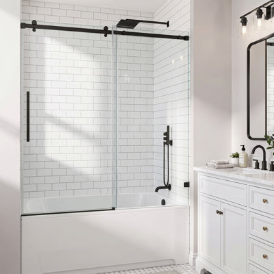 50"-55" W x 66" H Frameless Single Sliding Bathtub Shower Door, 3/8" (10mm) Tempered Glass with Shatter-Resistant Film, Quiet Stainless Steel Rollers, Square Tube Hardware