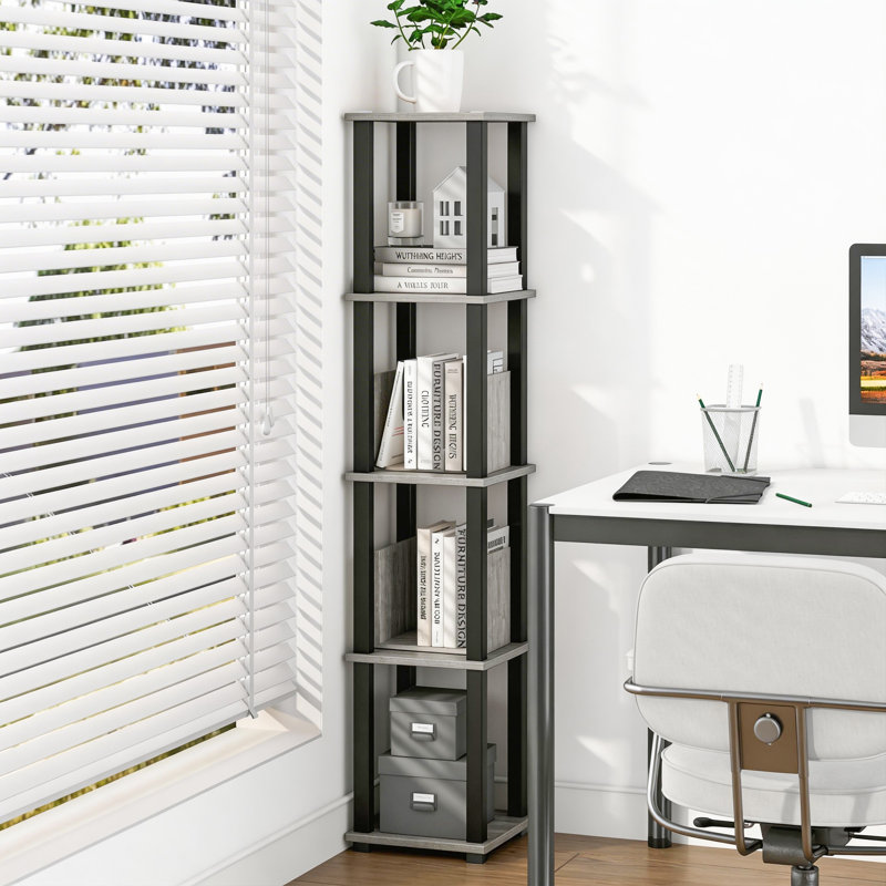 5-Tier 57.7" Corner Shelf, Open Shelves for Display and Storage, Gray/Black, (5 Shelves) 57.7"H x 11.6"W x 11.6"D
