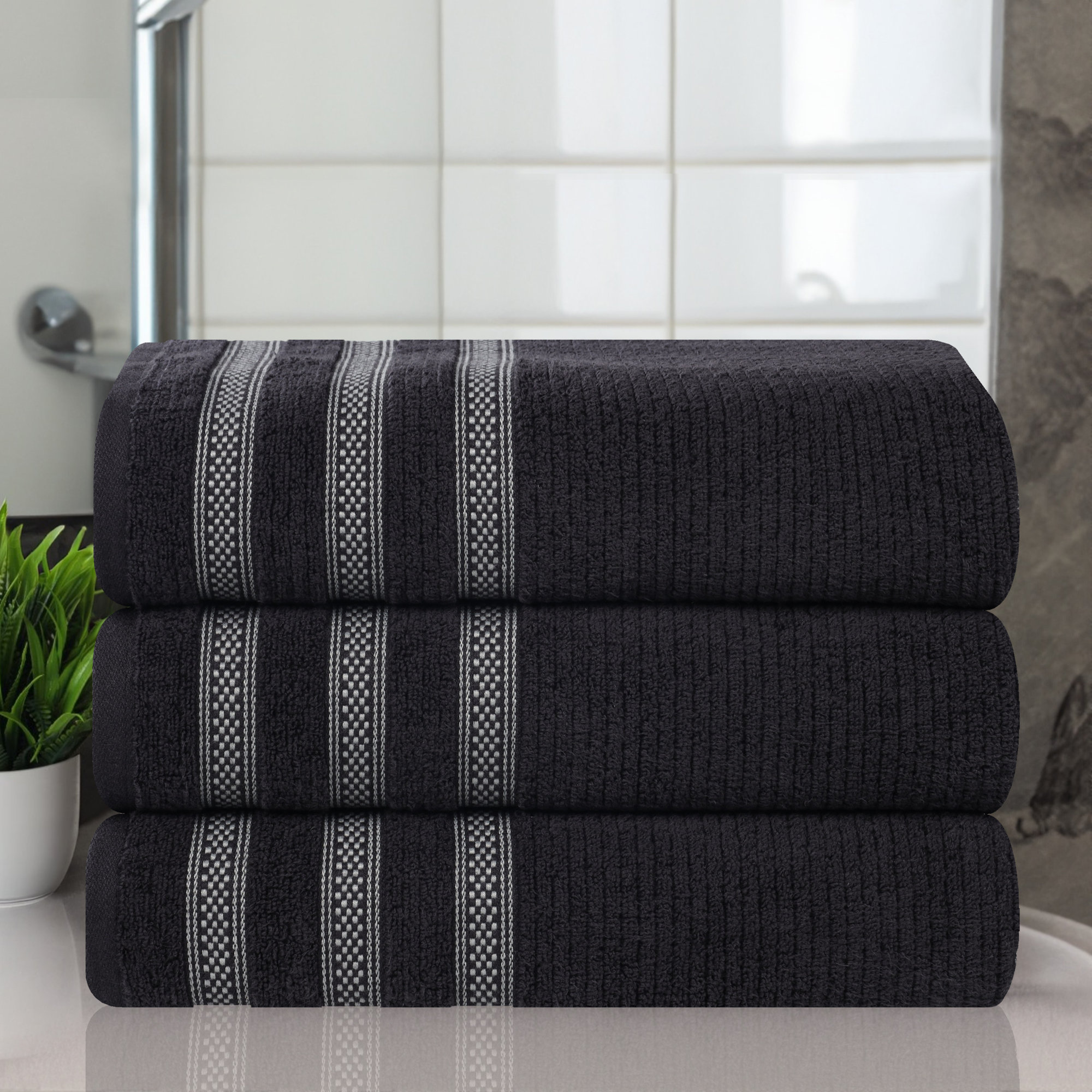 Emiliah Zero Twist Cotton Ribbed Modern Geometric Border Plush Soft Highly-Absorbent Bath Towel Set, Black