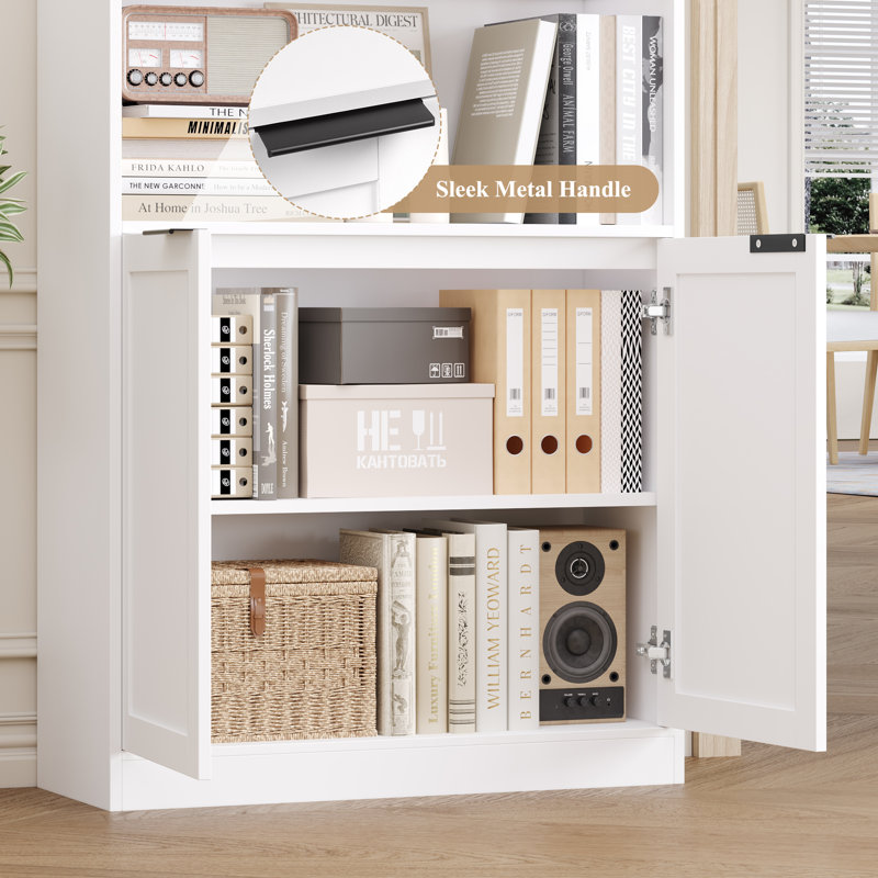 73.2" H 6-Tier Bookcase, Single Row Bookshelf with 2-Door Cabinet & 4 Open Shelves for Office Living Room, White
