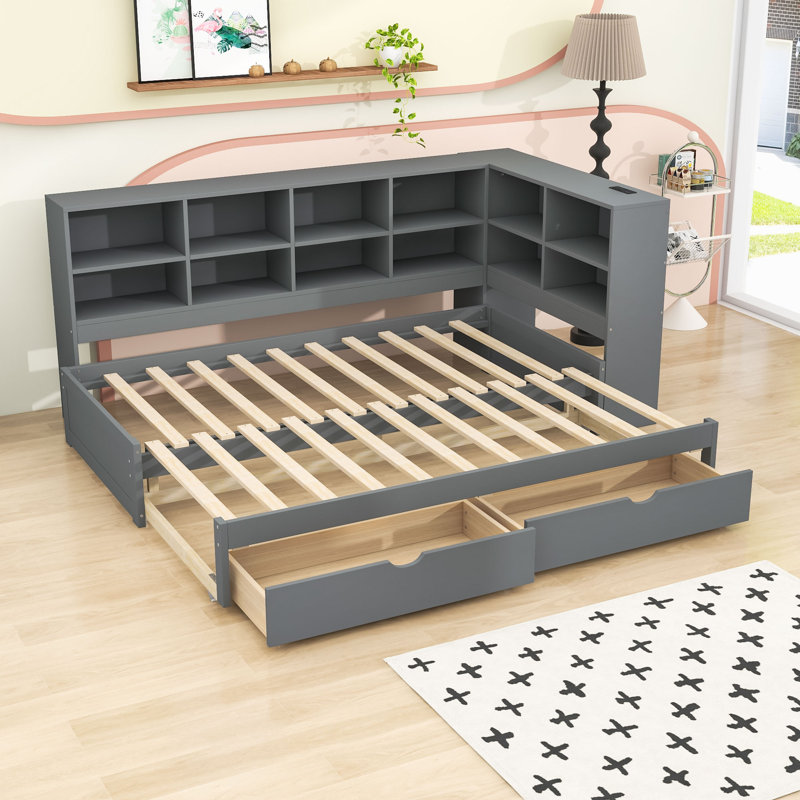 Twin XL to King Wood Daybed with 2 Drawers, Shelves, LED Light and Charging Station, Gray