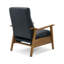 Fauteuil inclinable Asher avec accoudoirs en bois et dossier à bascule - Revêtement en similicuir bleu nuit et structure apparente marron cendré