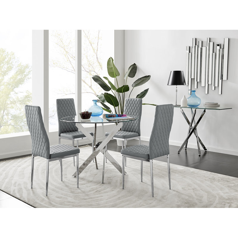 Tierra Metal and Glass Round Dining Table Set with 4 Faux Leather Upholstered Dining Chairs, Gray/Silver, Silver