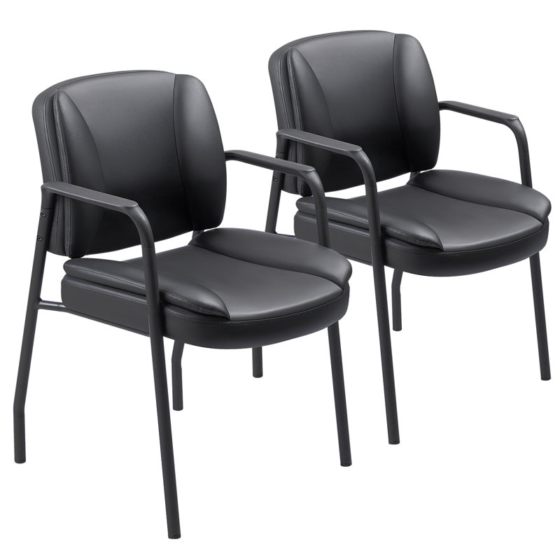 Black Leather Office Guest Chairs with Metal Frame, Set of 2