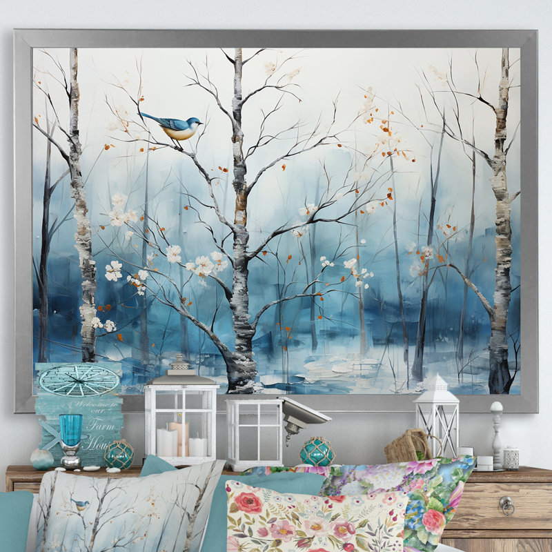 Harmonie hivernale bleue et blanche II, H 24 po x l 32 po x P 1 po, Cadre simple argenté