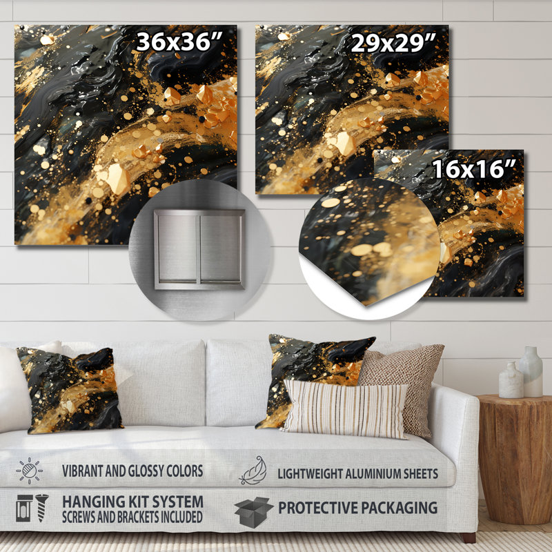 Or et galaxie noire - art mural en métal Tachisme, H 29 po x l 29 po