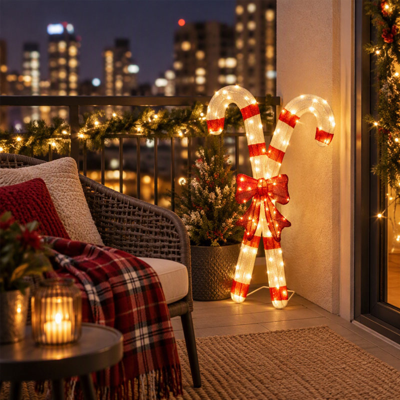 Décoration de Noël pré-éclairée en forme de canne de bonbon et d'arc rouge avec lumières DEL blanc chaud