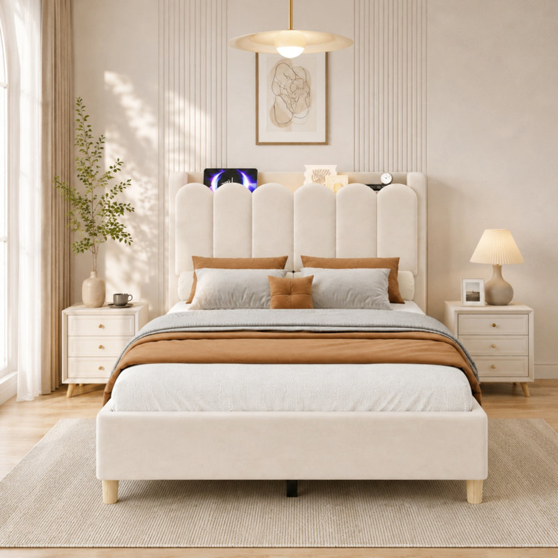 Upholstered Bed, Beige