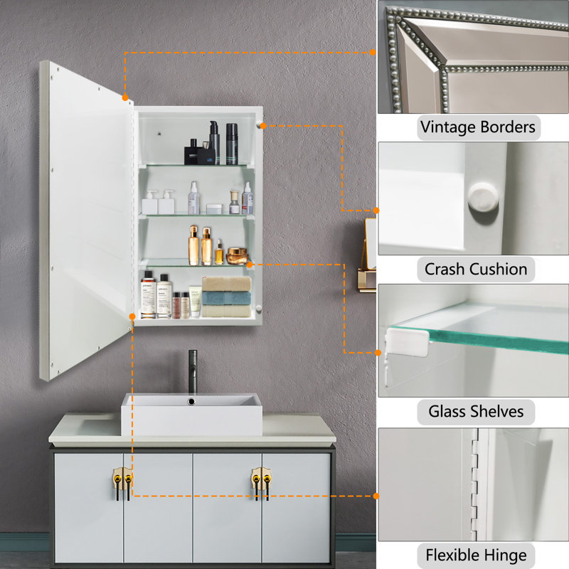 Miroir 16 po x 26 po avec armoires à pharmacie encadrées et biseautées avec tablettes réglables pour la salle de bain