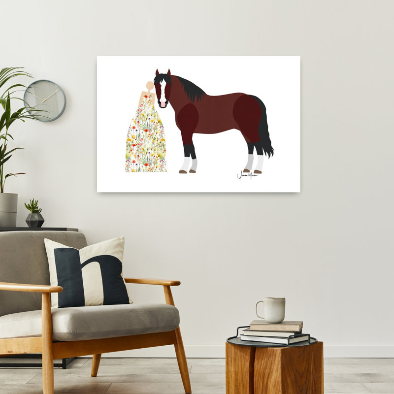 Femme et cheval, art mural minimaliste, fleur, nature