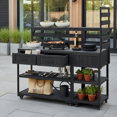 Îlot de cuisine pour patio avec tablette surélevée et tiroirs