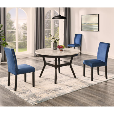 5-Piece Mella Dining Set - Round Faux Marble Table with 4 Velvet Parsons Chairs, Dark Espresso Finish -  Lark Manor™, 188444E76DB047DEB3AD36BF016F219B