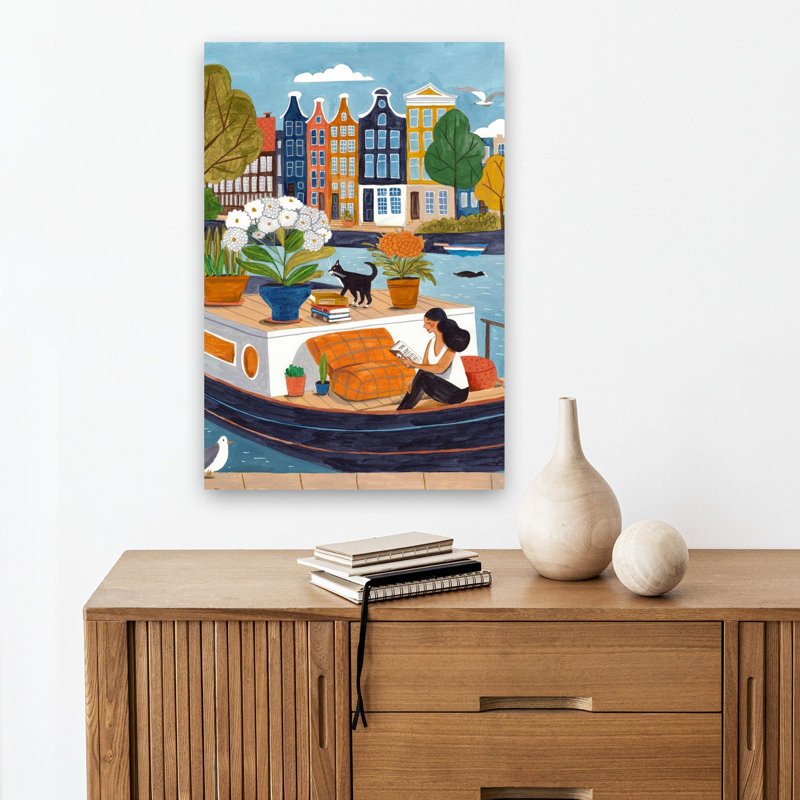 Amsterdam City Life On A Boat Colorful Peaceful Vibrant Cat Autumn City Wall Art Print by Caroline Bonne Muller - Wrapped Canvas Print