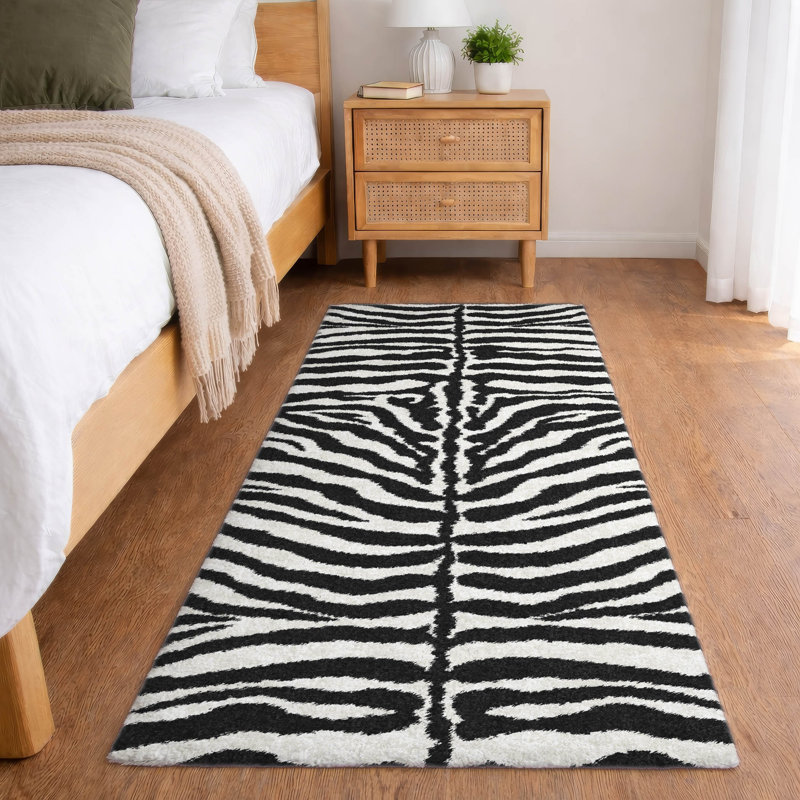 Premium Machine Washable Dream Shag Zebra Rug, 2'3" x 7'6" Runner, Pearl