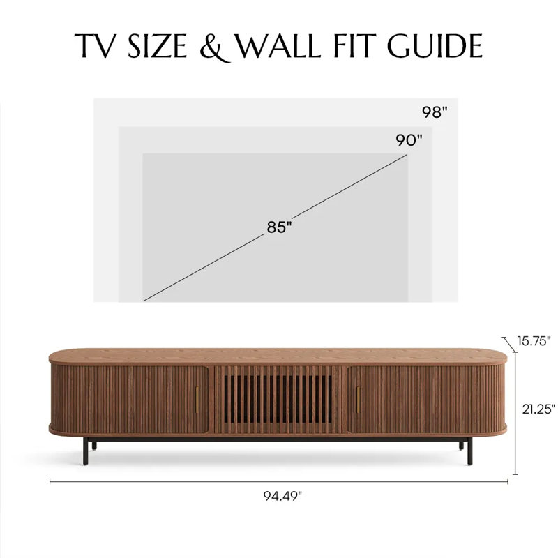 Mid-Century Modern Tambour Door TV Stand With LED Lights, Fully Assembled, Walnut, 21.25”H x 94.49”L x 15.75”W