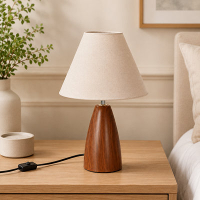 Lampe de table vintage de couleur noyer avec abat-jour conique en tissu