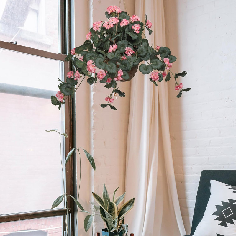 25 inch Hanging Pink Geranium In Basket, Artificial Flower, Faux Floral for Vase Arrangements and Home Decor