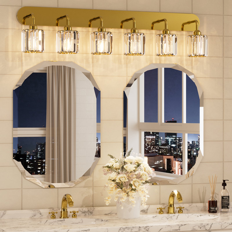 Éclairage de meuble-lavabo à intensité variable avec abat-jour en cristal, Six lumières, Or brossé