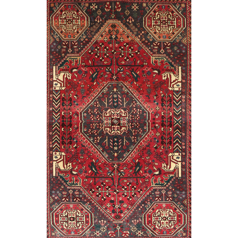 Tapis traditionnel rouge / beige / noir, Rectangle 5 pi x 7 pi