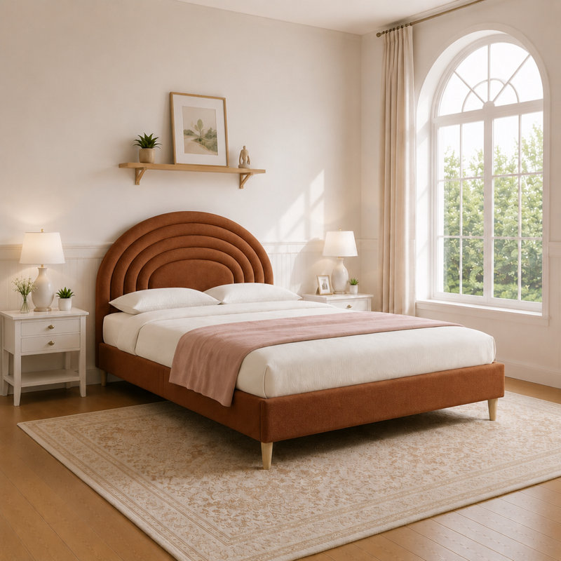 Lit tapissier festonné Halis, Grand, Velours ocre