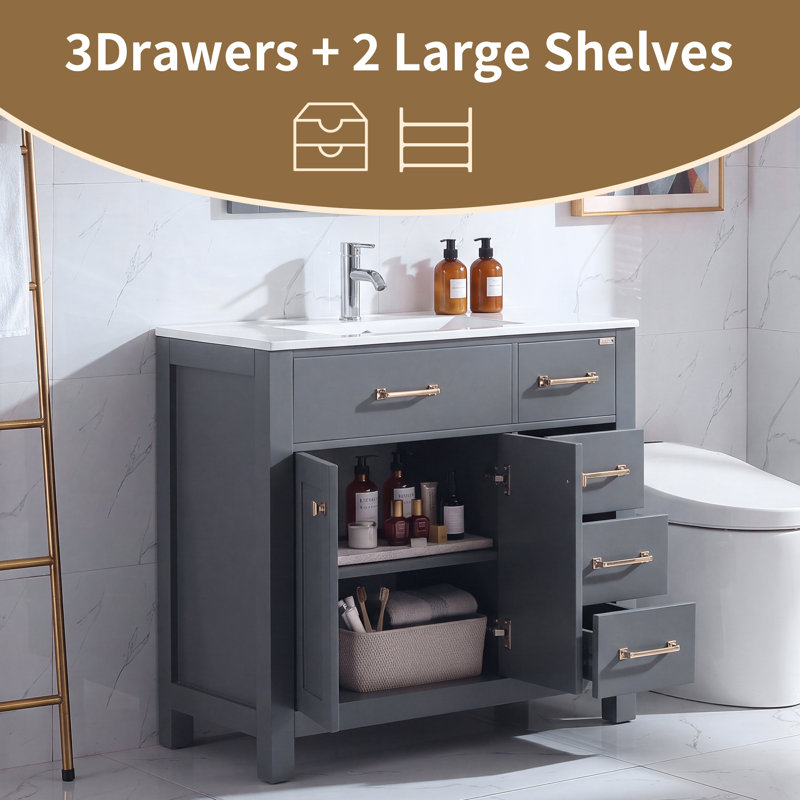 36" Single Bathroom Vanity Set with Sink Top and Mirror, Soft-Close Doors, Gray
