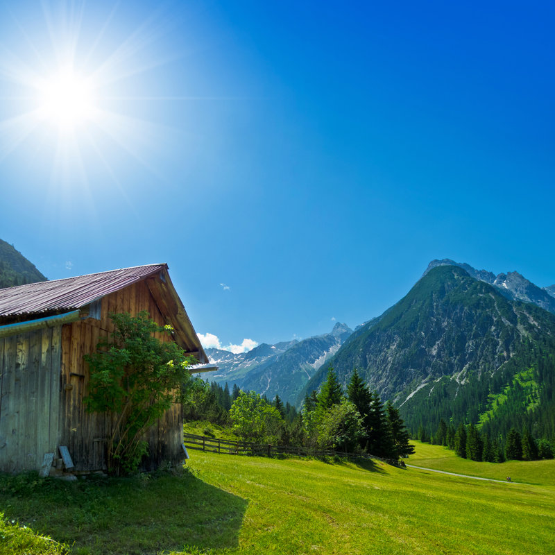 Fryar Wooden Hut And Mountains - Wrapped Canvas Print, 30cm H x 30cm W x 3.8cm D