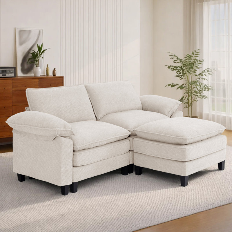 Canapé d'angle rembourré avec 1 repose-pieds, Chenille beige