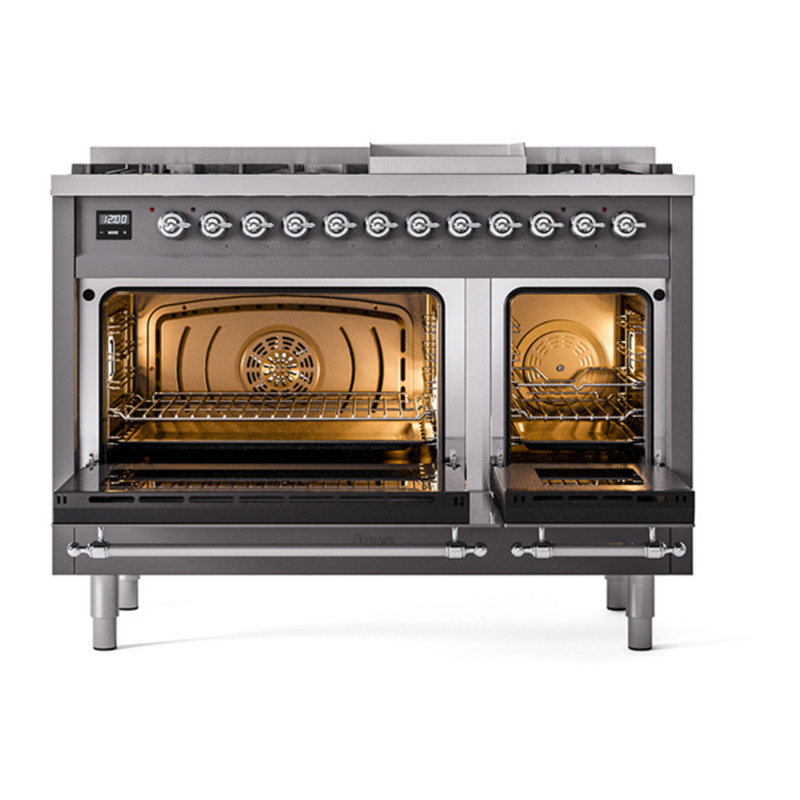 ILVE Nostalgie II 48 in Dual Fuel Range, 8 Burner, Griddle, Graphite Matte/Chrome, Liquid Propane