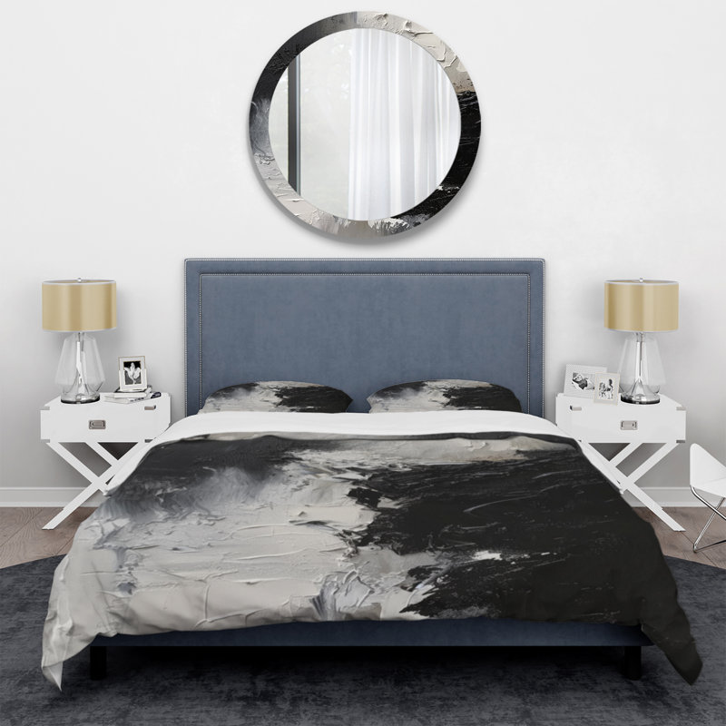 Black And White Delicate Brushstrokes II - Abstract Marble Duvet Cover Set, Queen Duvet Cover + 2 Standard Shams