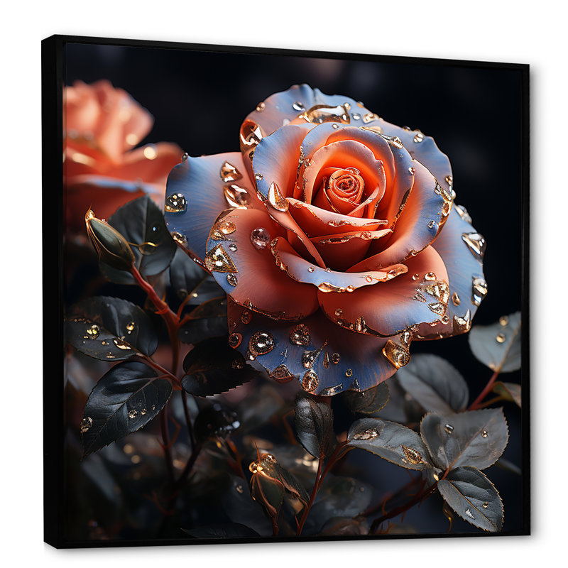 Or et rose bleue passion sur toile, Cadre flottant noir, H 36 po x l 36 po x P 1,5 po