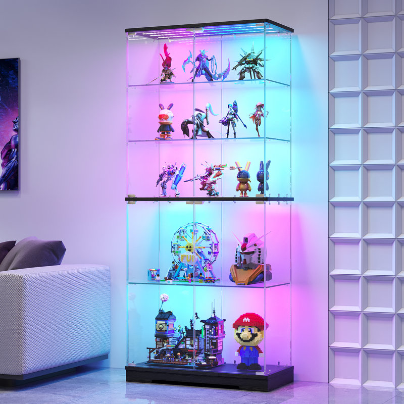 Vitrine à 5 niveaux avec éclairage RVB, armoire de rangement de 198 cm de hauteur avec détecteur de mouvement, Brun