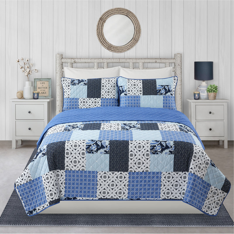 Ensemble de courtepointe réversible en microfibre , Courtepointe double + 2 taies décoratives standar, Bleu