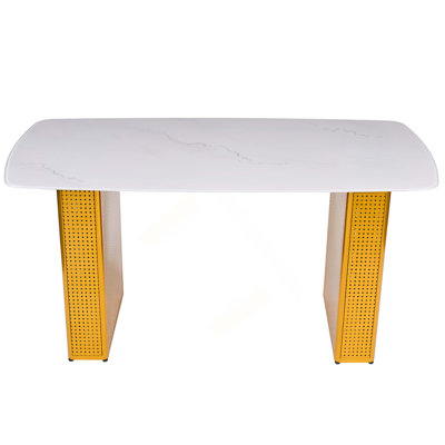 Modern Rectangular Tempered Glass Dining Table, Marble-Patterned Design with Dual-Pedestal Metal Base, Ideal for Dining Room & Home Office