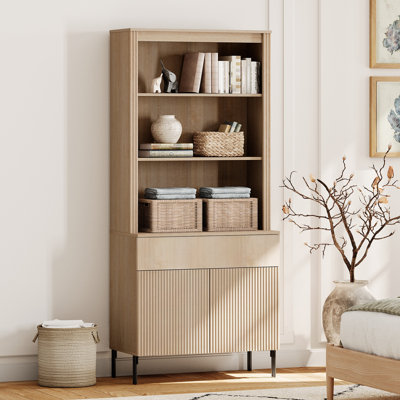 71.6" Tall Modern 5 Tier Bookcase With Storage Cabinet, Wooden Display Cabinet With Fluted Doors And Drawer, Versatile Bookshelf For Living Room, Study, Office
