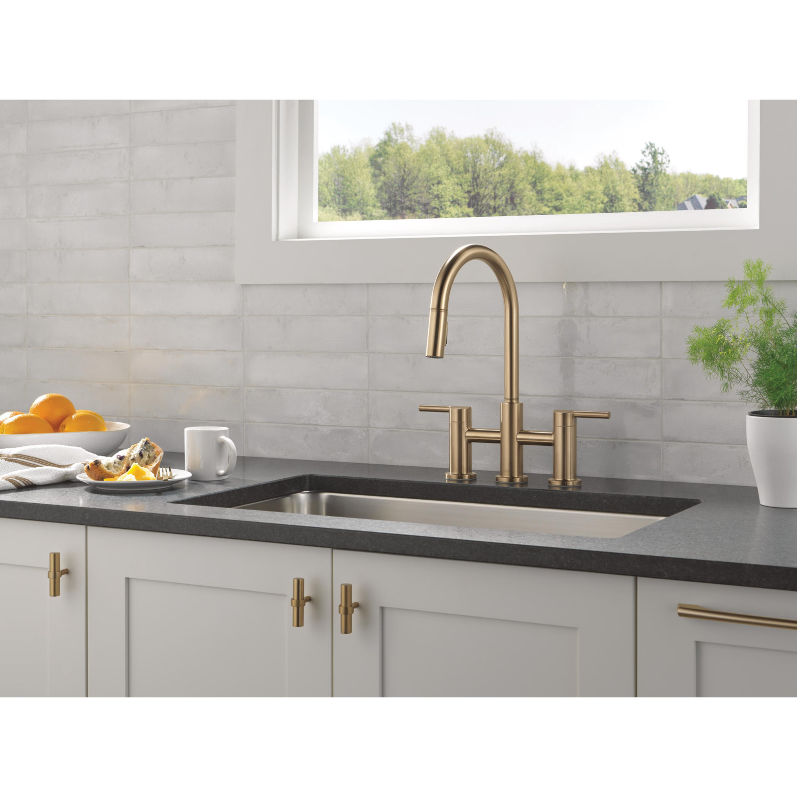 Nicoli Pull-Down Bridge Kitchen Faucet, Champagne Bronze
