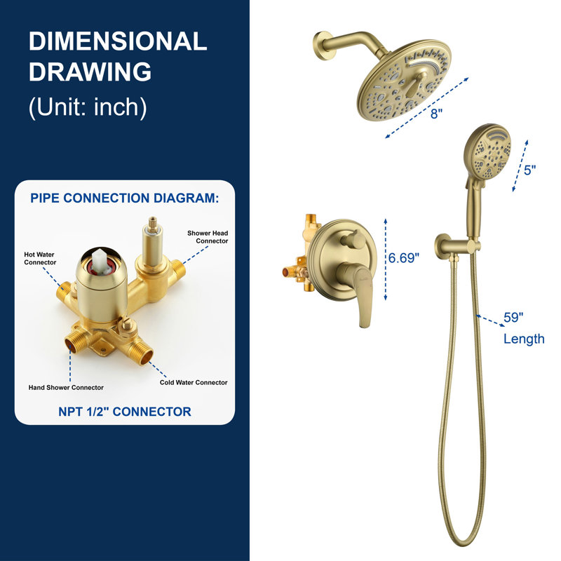 All-In-One Kit with Rough in-Valve, Brushed Gold