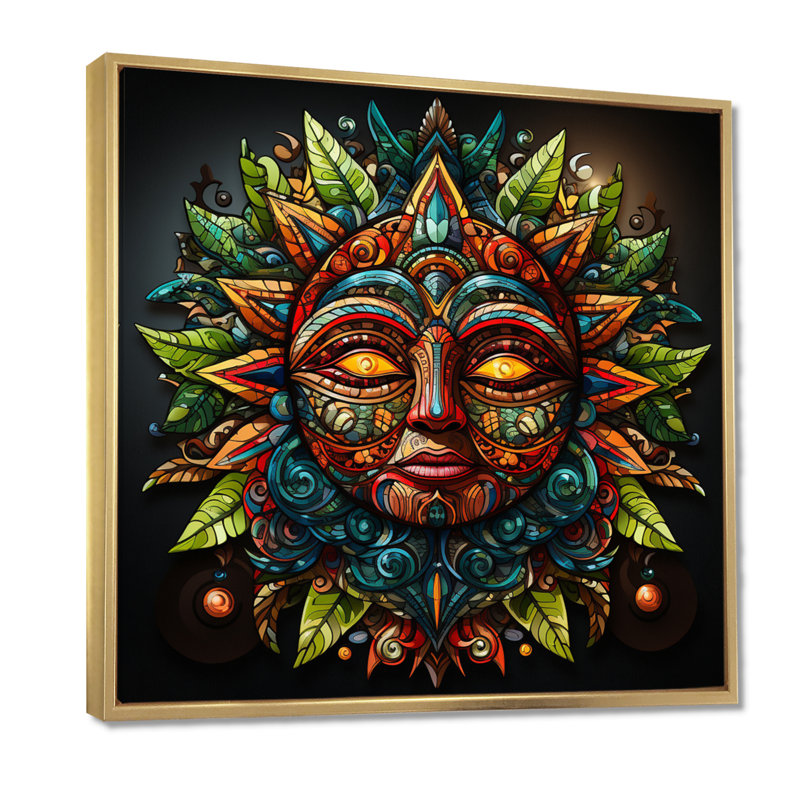 Masque de dieu aztèque Indigène - art mural amérindien salon, H 30 po x l 30 po x P 1 po, Toile avec cadre flottant or