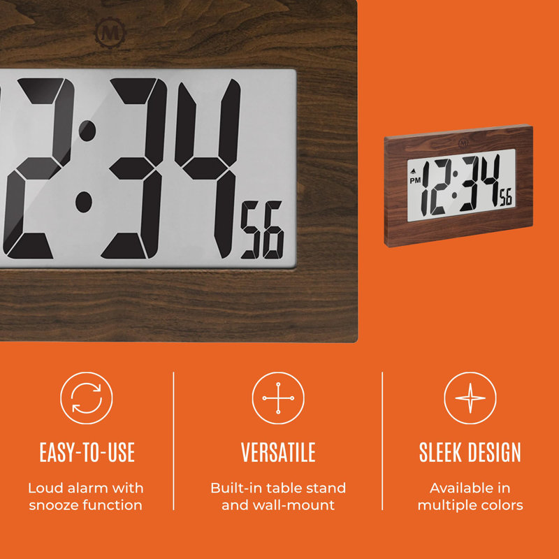 Large Digital Wall Clock with FoldOut Table Stand, Brown