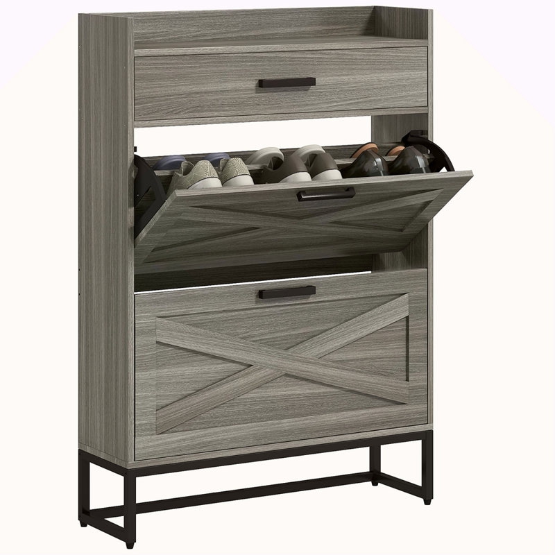 Narrow Shoe Cabinet, Industrial Shoe Storage Cabinet With 2 Flip Drawers, Adjustable Shelves, And Top Drawer, Entryway Hidden Shoe Storage For 12 Pairs Of Shoes