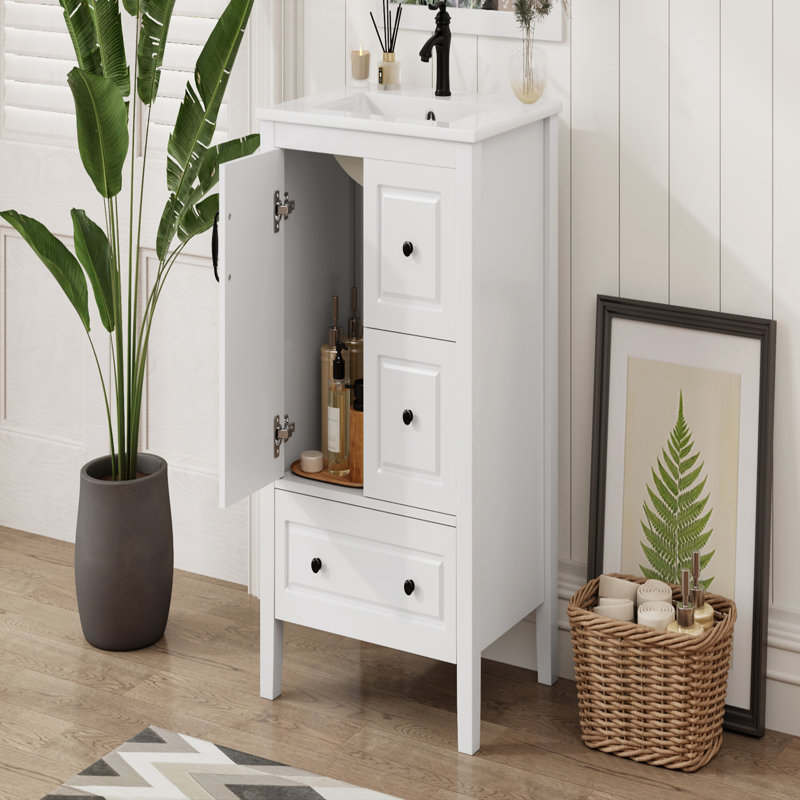 Meuble-lavabo de 24 po avec lavabo, tiroirs à fermeture en douceur et poignées en métal rétro pour une élégance intemporelle
