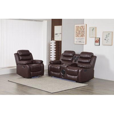 Faux Leather Manual Reclining Sofa Set with LED Lights – Two-Piece Home Theater Seating by Wrought Studio