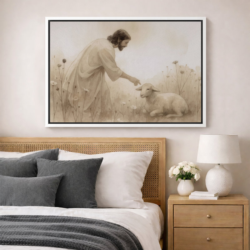 Gentle berger avec agneau, œuvre d'art, impression sur toile encadrée, H 24 po x l 36 po, Cadre flottant blanc