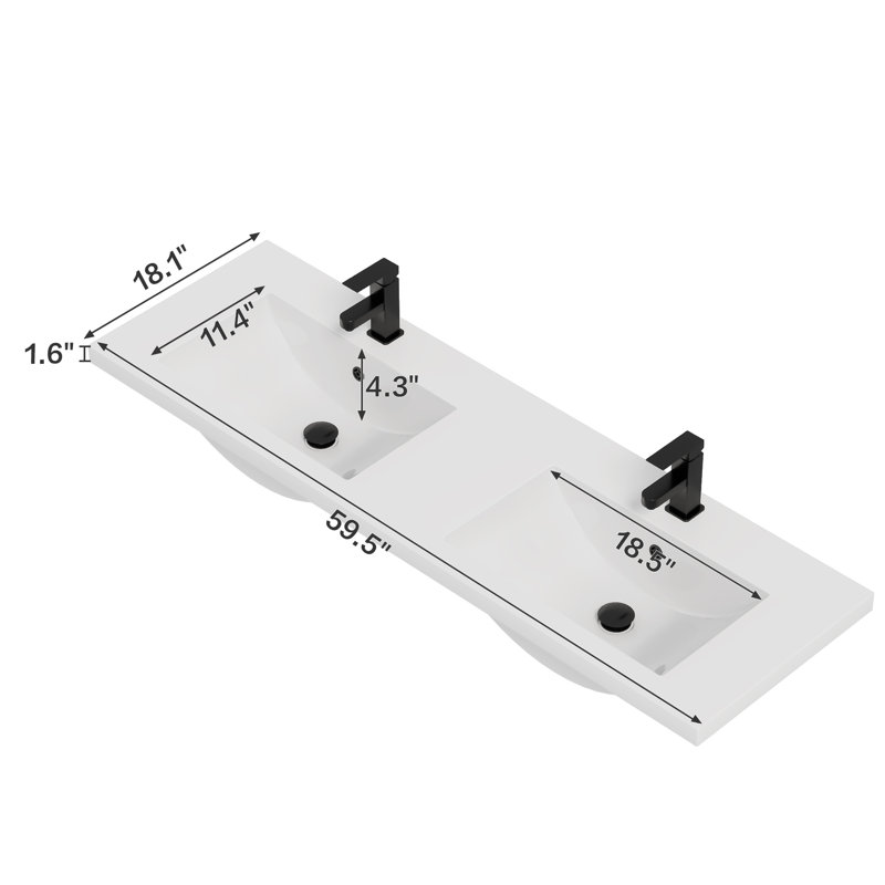 60" Double Sink Vanity Top Undermount Bathroom Sink with 2 Single-Hole Faucets, Overflow, Pop up Drain