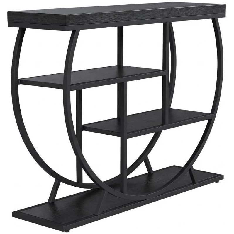 Rustic Industrial Console Table & Entryway Table, 39-Inch Narrow 4-Tier Storage Table with Circle Frame, Black