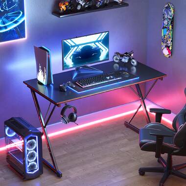 Deco Gear 47 LED Gaming Desk, Carbon Fiber Surface, Cable Management, Headphone Hook