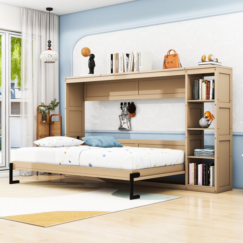 Lit escamotable en bois avec bibliothèque, Double, Naturel