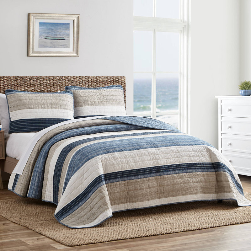 Nautica Ridgeport Cotton Reversible Quilt Set, Twin Quilt + 1 Standard Sham, Denim Blue Striped
