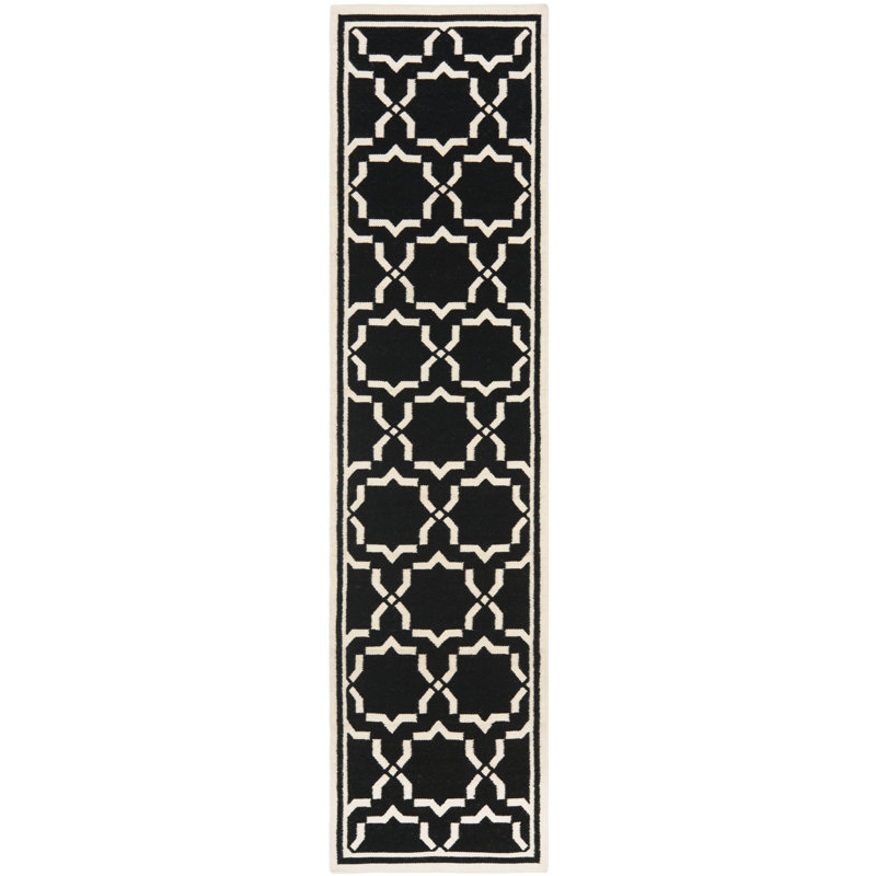 Rodgers Hand Woven Flat Weave Wool/Cotton Geometric Rug in Black/Ivory, Runner 2'6" x 6'
